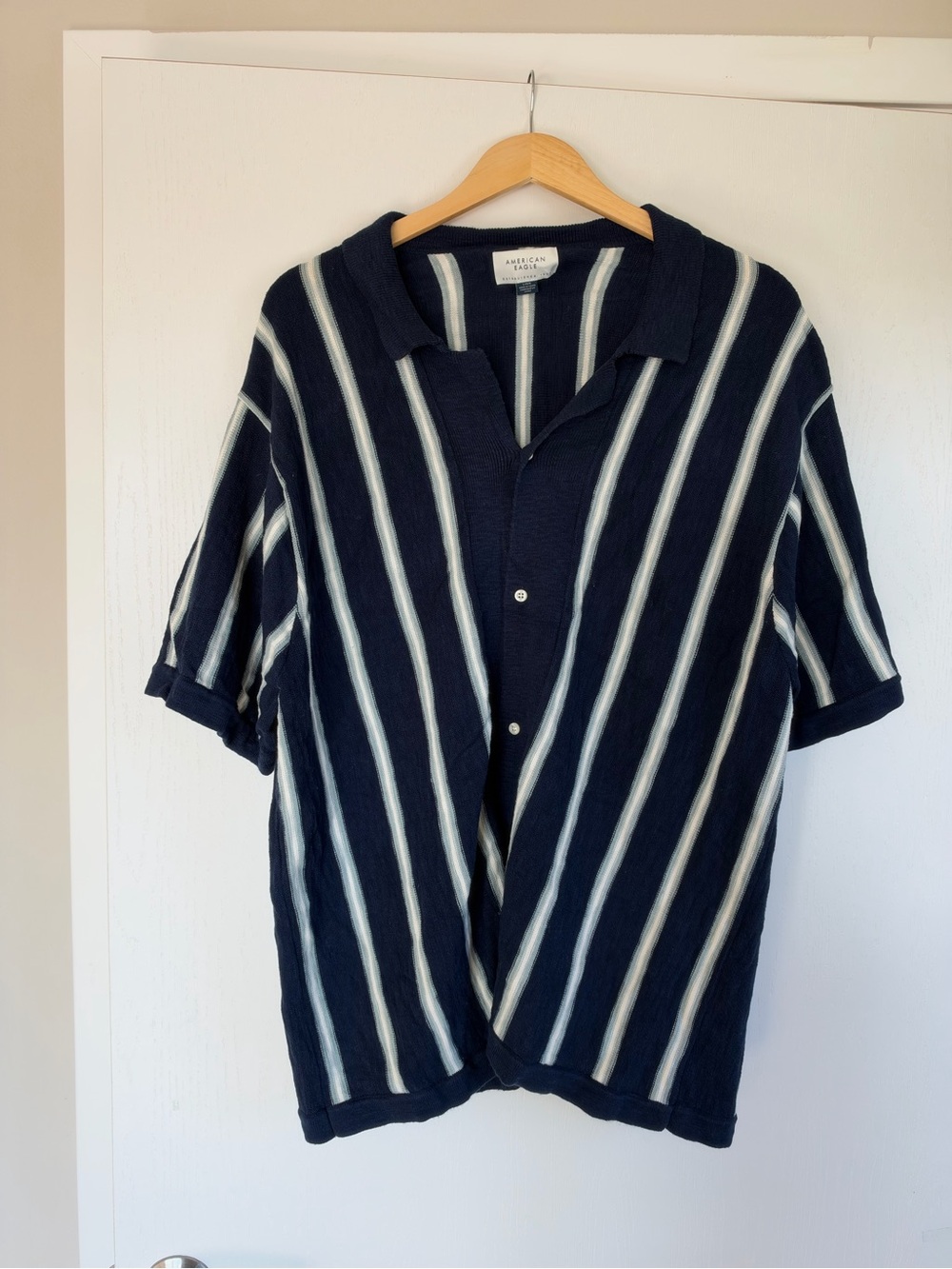 American Eagle Outfitters Navy and White Vertical Stripe Short-Sleeve Polo